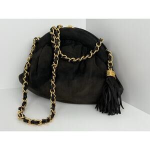 Chanel CC Matelassé Fringe Chain Shoulder Vintage Bag Black with Gold Hardware